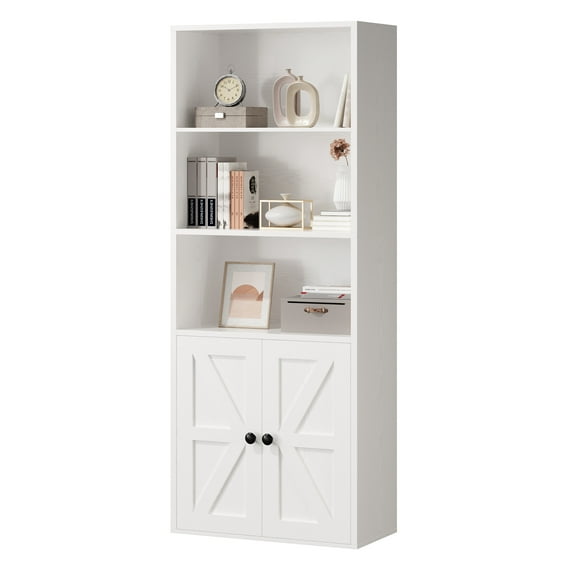 IRONCK Bookcase with Doors, 5-Tier Bookshelf with Storage, Farmhouse Storage Cabinet for Home Office, Living Room, White