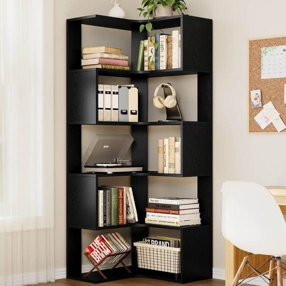 IRONCK 5-Tier Corner Bookcase, Modern L-Shaped Bookshelf, Open Storage Display for Office Living Room, Black