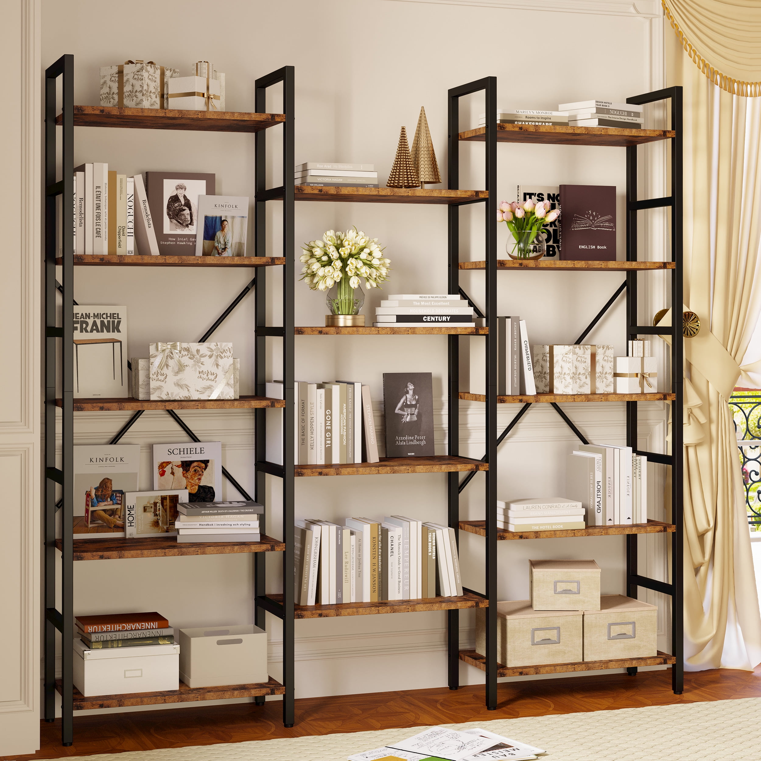 IRONCK 5 Tiers Industrial Bookcases and Bookshelves Large Metal Wood Display Shelf Vintage Brown