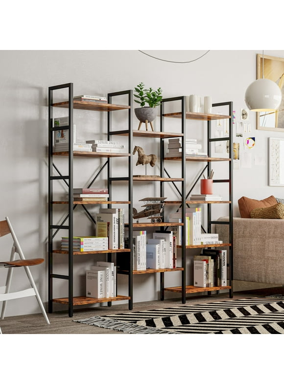 IRONCK 5 Tiers Industrial Bookcases and Bookshelves, Extra Large Iron Shelves for Home Office, Vintage Brown