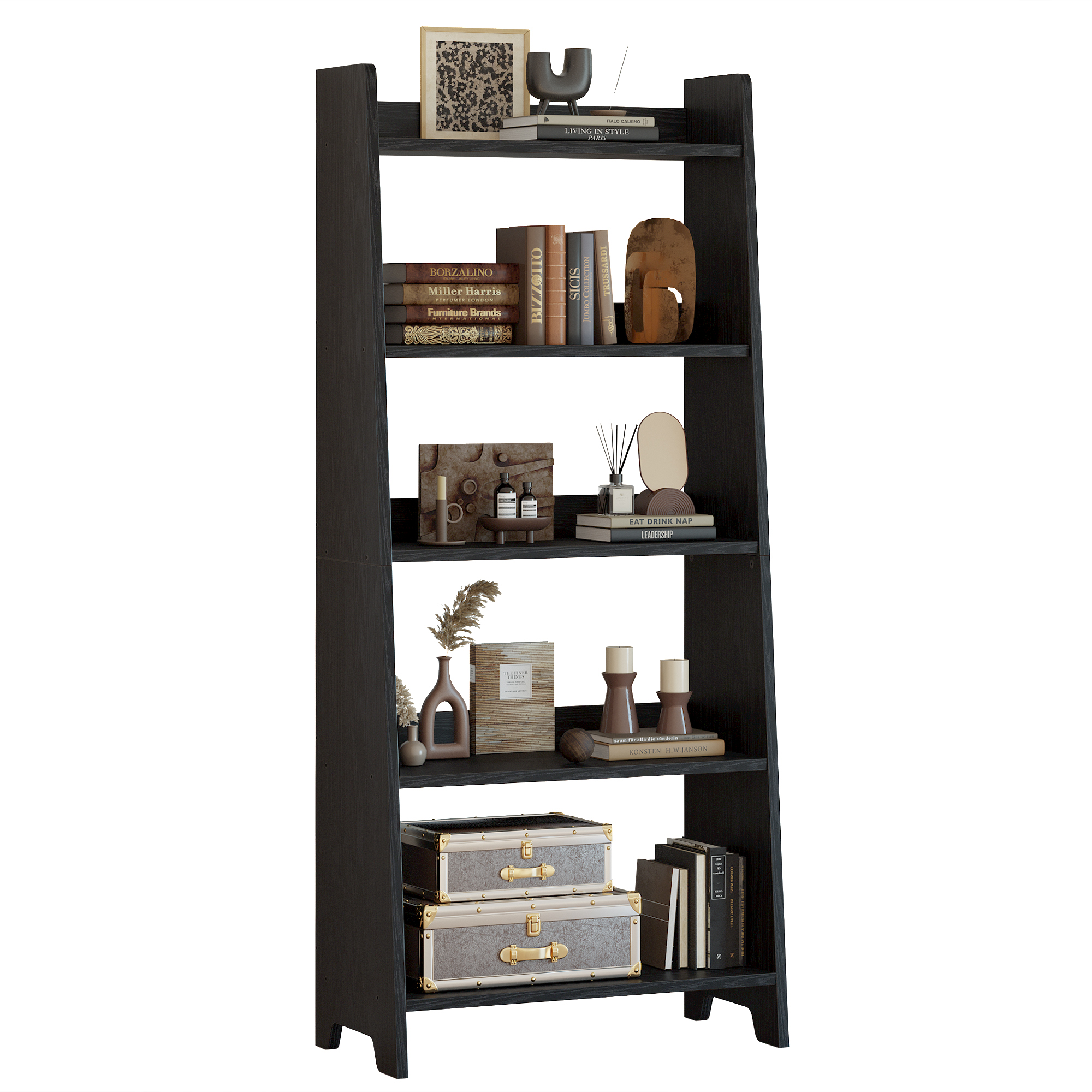 5Tier Tall Bookcase, 5 Shelf Bookcase Rustic Wood and Metal Standing