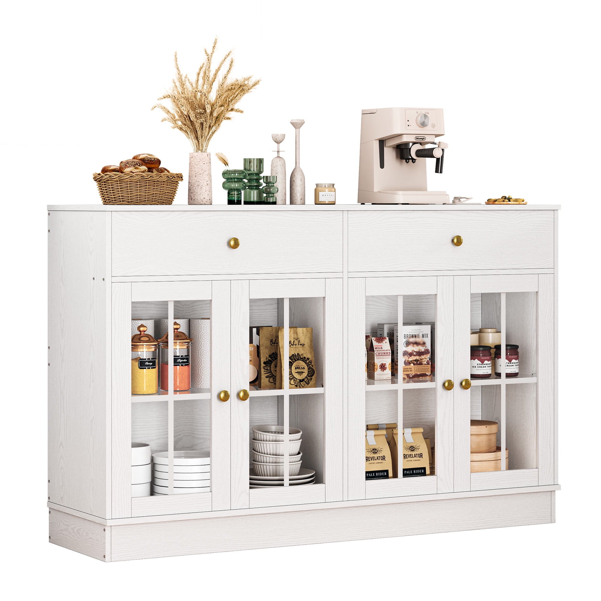 IRONCK Kitchen Storage Cabinet, 55" Sideboard Buffet Cabinet with Glass Doors, Charging Station, Adjustable Shelf and 2 Drawers