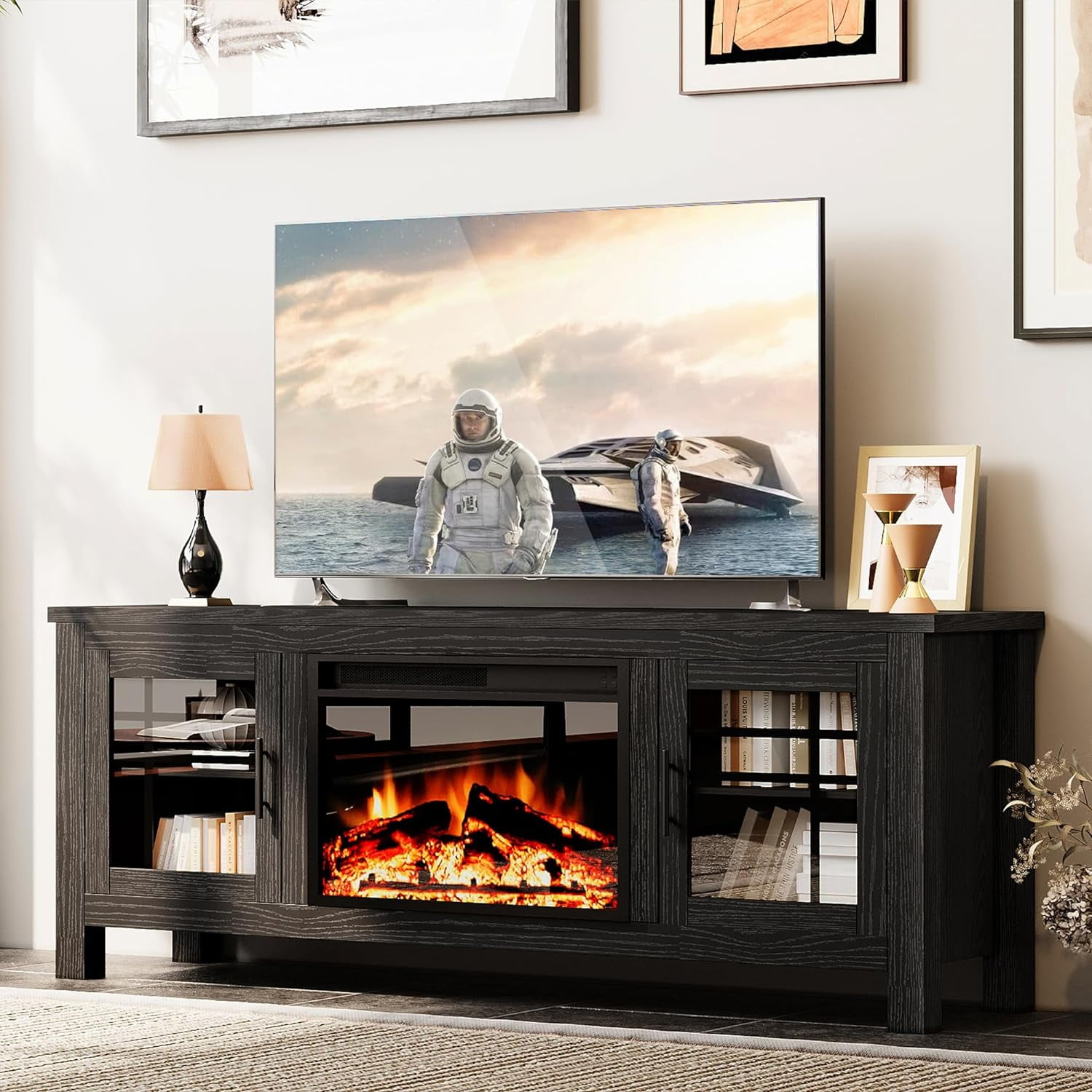IRONCK 59” TV Stand with 23” Electric Fireplace, Wood Entertainment