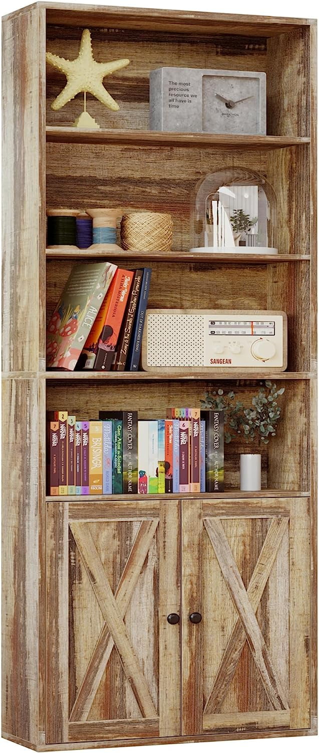 IRONCK Industrial 6-Shelf Metal Wood Bookcase with Doors, 70