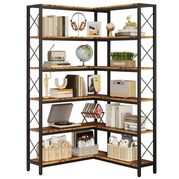 IRONCK 6-Tier Corner Shelf, Industrial Display Bookshelf, Freestanding Bookcase for Living Room Home Office, 31.5"W