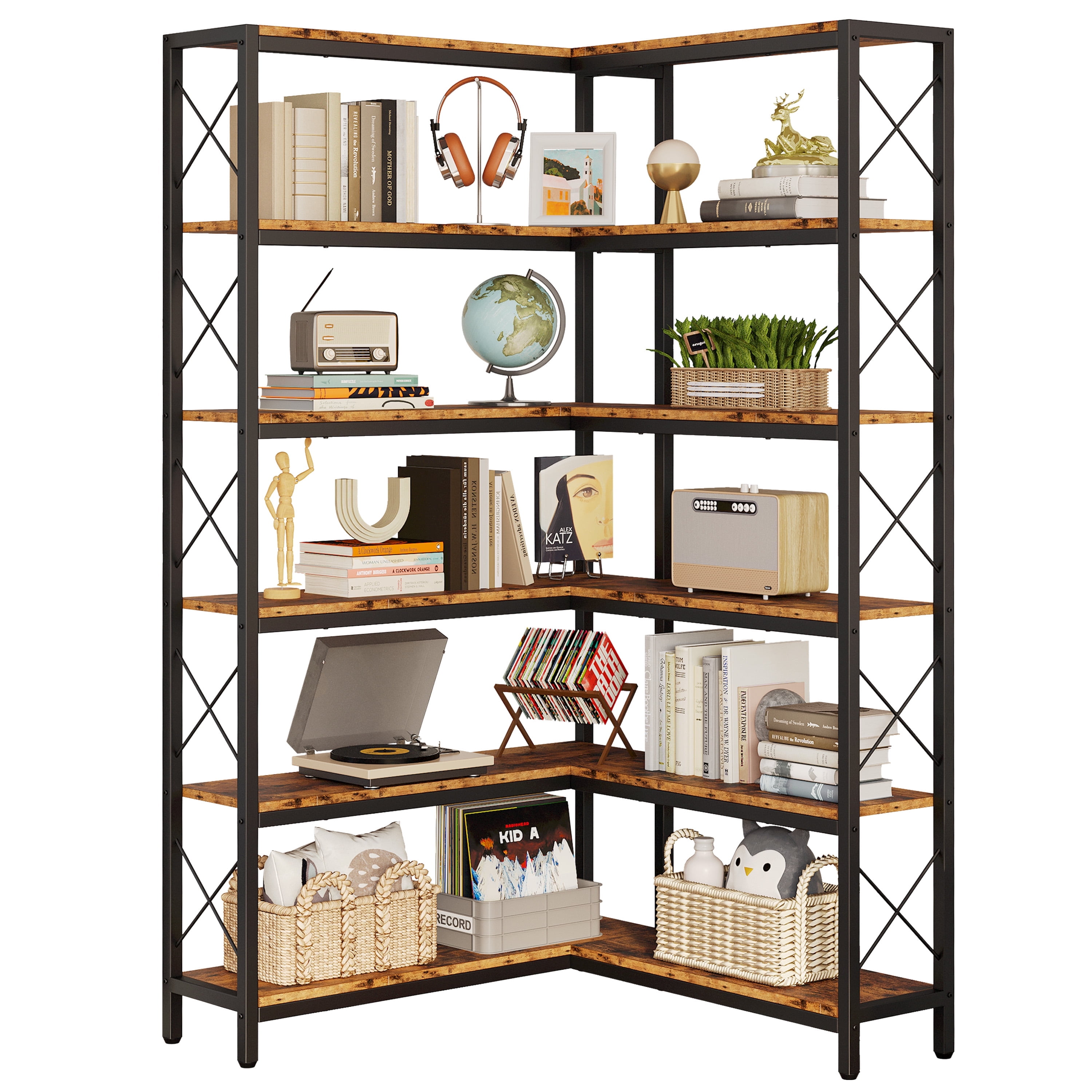 IRONCK 6-Tier Corner Shelf, Industrial Display Bookshelf, Freestanding Bookcase for Living Room Home Office, 31.5"W