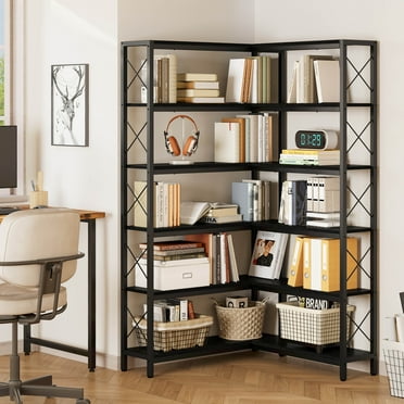 IRONCK 6-Tier Corner Shelf, L-shaped Display Bookshelf, Freestanding Bookcase for Living Room Home Office, 31.5"W, Black