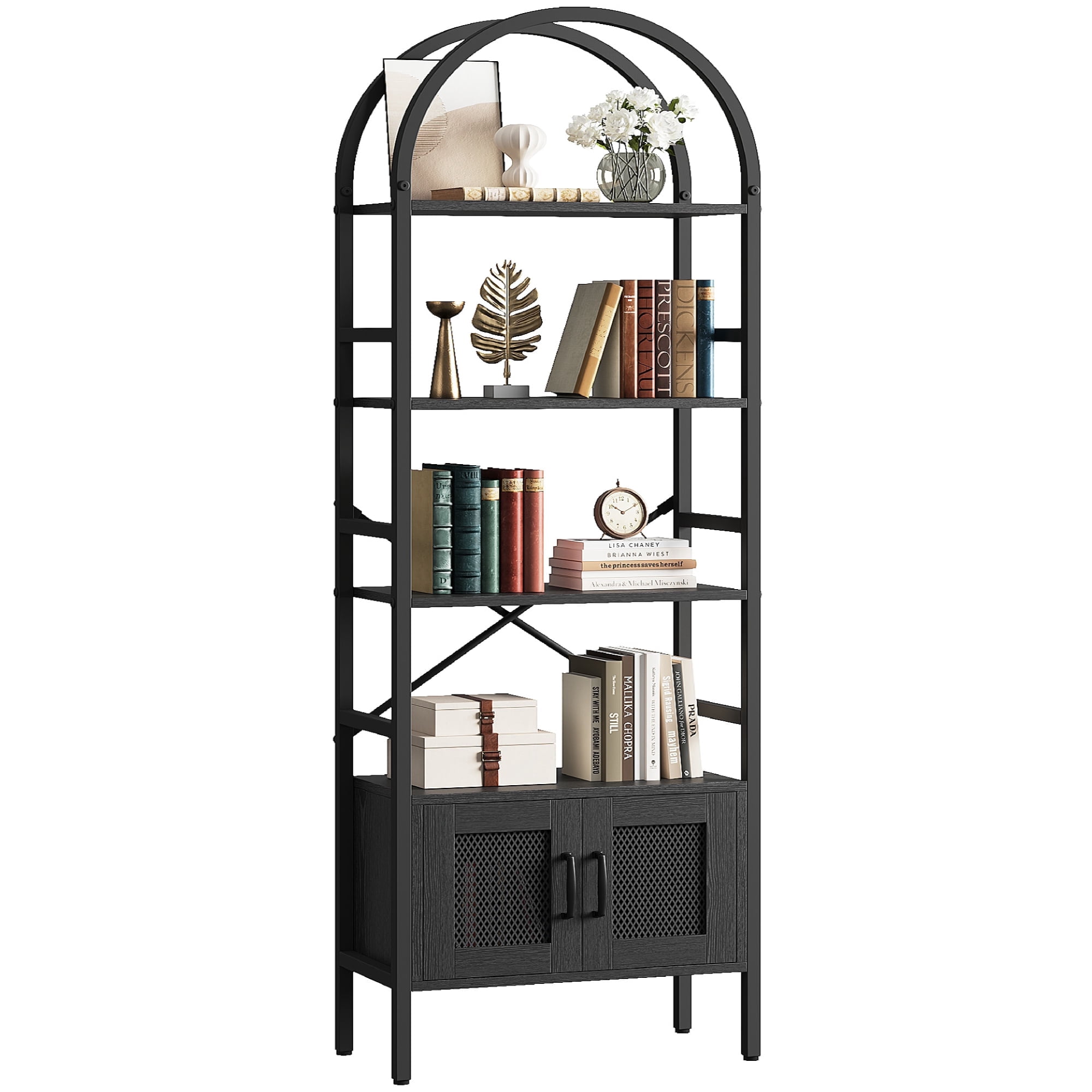 IRONCK 70.3" Tall Arched Bookshelf, 4-Tier Open Display Bookcases with Door Cabinet, Industrial Style Metal Storage Rack, Black