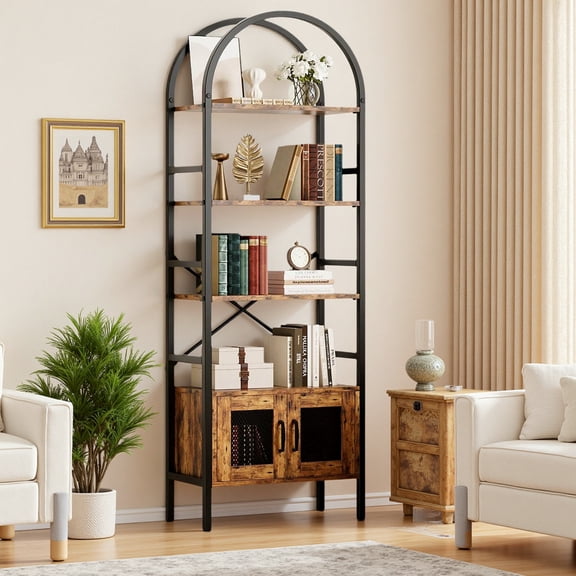 IRONCK 70.3" Tall Arched Bookshelf, 4-Tier Open Display Bookcases with Door Cabinet, Industrial Style Metal Storage Rack, Brown