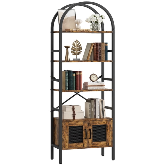 IRONCK 70.3" Tall Arched Bookshelf, 4-Tier Open Display Bookcases with Door Cabinet, Industrial Style Metal Storage Rack, Brown