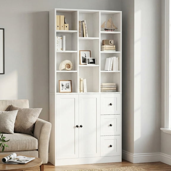 IRONCK 71" Tall Bookcase with Storage Drawers & Doors,  11 Cubes 4-Tier Triple Row Bookshelf for Living Room Home Office, White