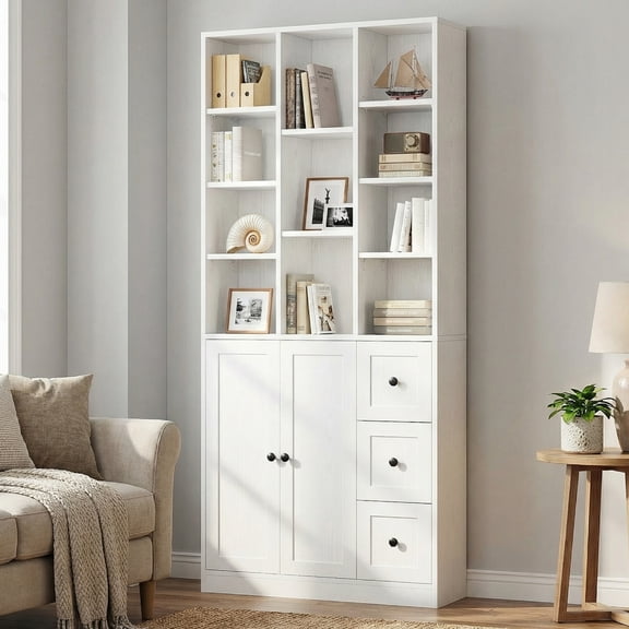 IRONCK 71" Tall Bookcase with Storage Drawers & Doors,  11 Cubes 4-Tier Triple Row Bookshelf for Living Room Home Office, White