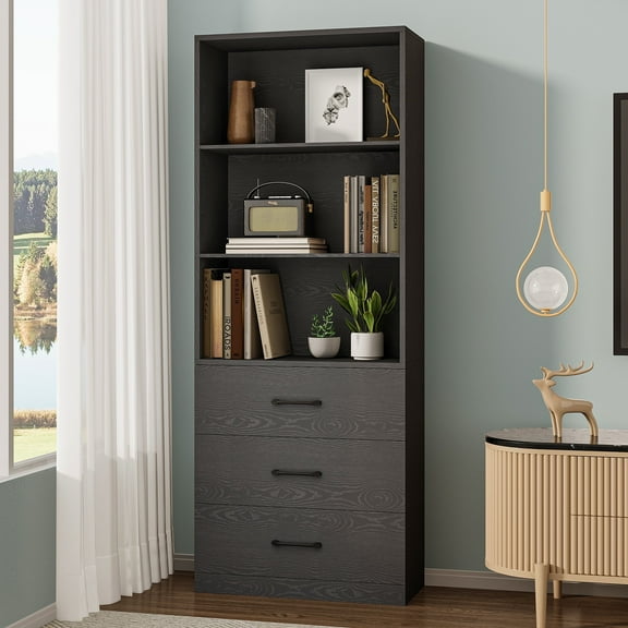 IRONCK 71" Tall Bookcases with 3 Large Drawers & 3 Open Shelves, Wooden Storage Bookshelf for Home Office Living Room, Black