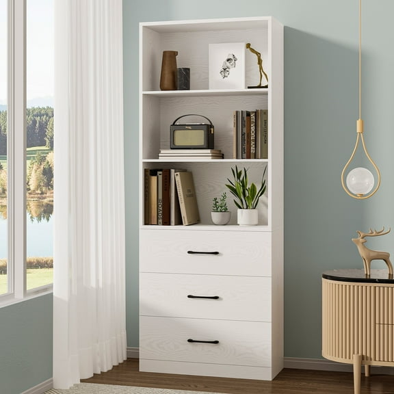 IRONCK 71" Tall Bookcases with 3 Large Drawers & 3 Open Shelves, Wooden Storage Bookshelf for Home Office Living Room, White