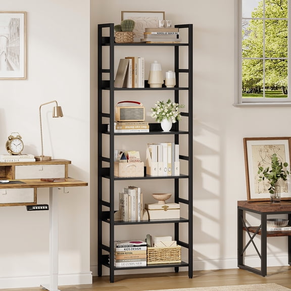 6 Tier Bookshelf with Adjustable Shelves, Metal and Wood Open Bookcase,Tall Industrial Storage Shelf for Bedroom, Living Room and Home Office, Black
