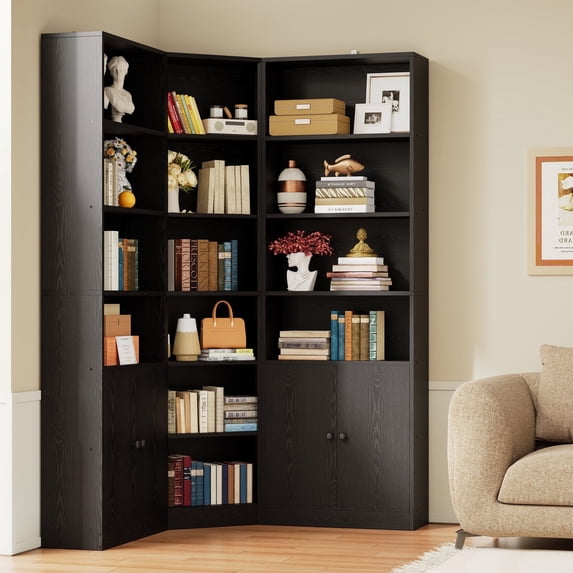 IRONCK 71" Tall Corner Bookshelf with 2 Storage Cabinets, 7 Tier Bookcase, Storage Shelves Corner Combination, Black