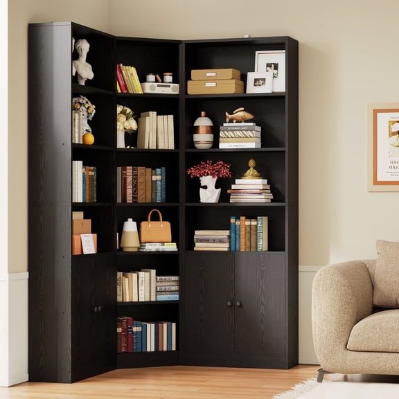 IRONCK 71" Tall Corner Bookshelf with 2 Storage Cabinets, 7 Tier Bookcase, Storage Shelves Corner Combination, Black