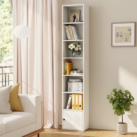 IRONCK 74.8" Tall Narrow Bookcase, 6 Tiers Open Adjustable Shelf and 1 Storage Cabinet for Home Office, White