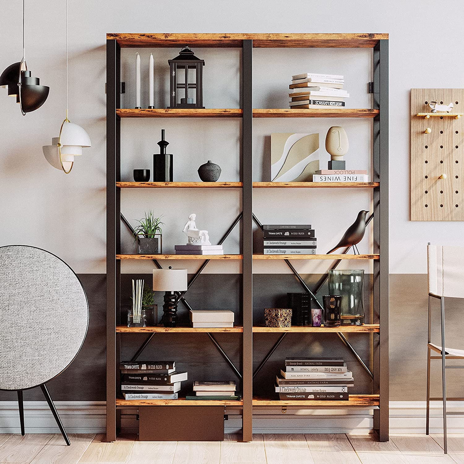Vintage Brown 6-Tier Industrial Wood and Metal Bookshelf