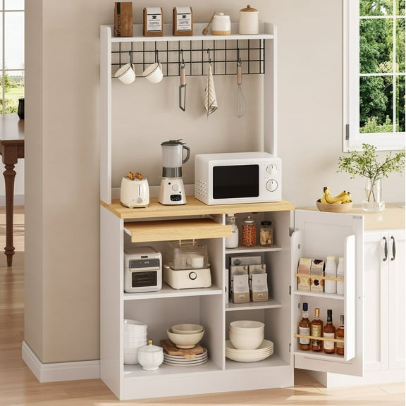 IRONCK Bakers Racks for Kitchens,Wood Microwave Stand with Storage Cabinet & Power Outlet, White Coffee Bar with Hooks