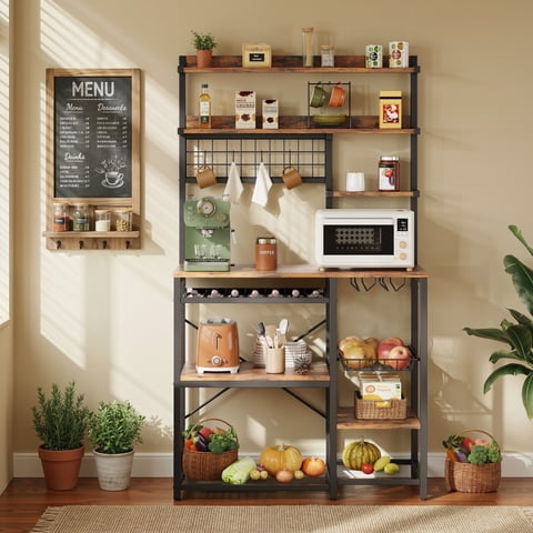 IRONCK 7-Tier Bakers Rack Kitchen Storage Shelf, Microwave Coffee Bar Station with Power Outlet, Wire Basket & Hooks