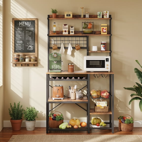 IRONCK 7-Tier Bakers Rack Kitchen Storage Shelf, Microwave Coffee Bar Station with Power Outlet, Wire Basket & Hooks
