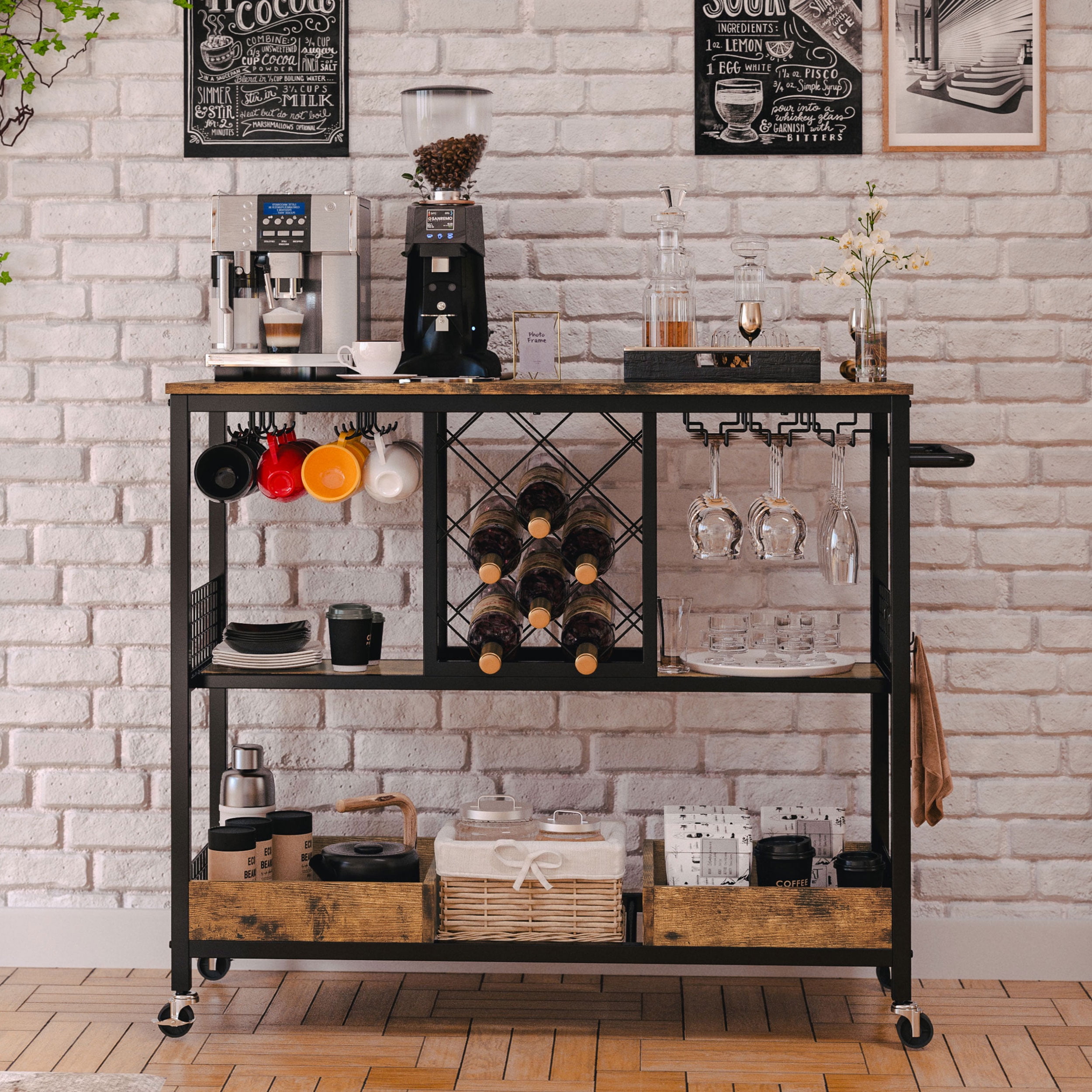 IRONCK Bar Cart on Wheels for Kitchen, Vintage Brown