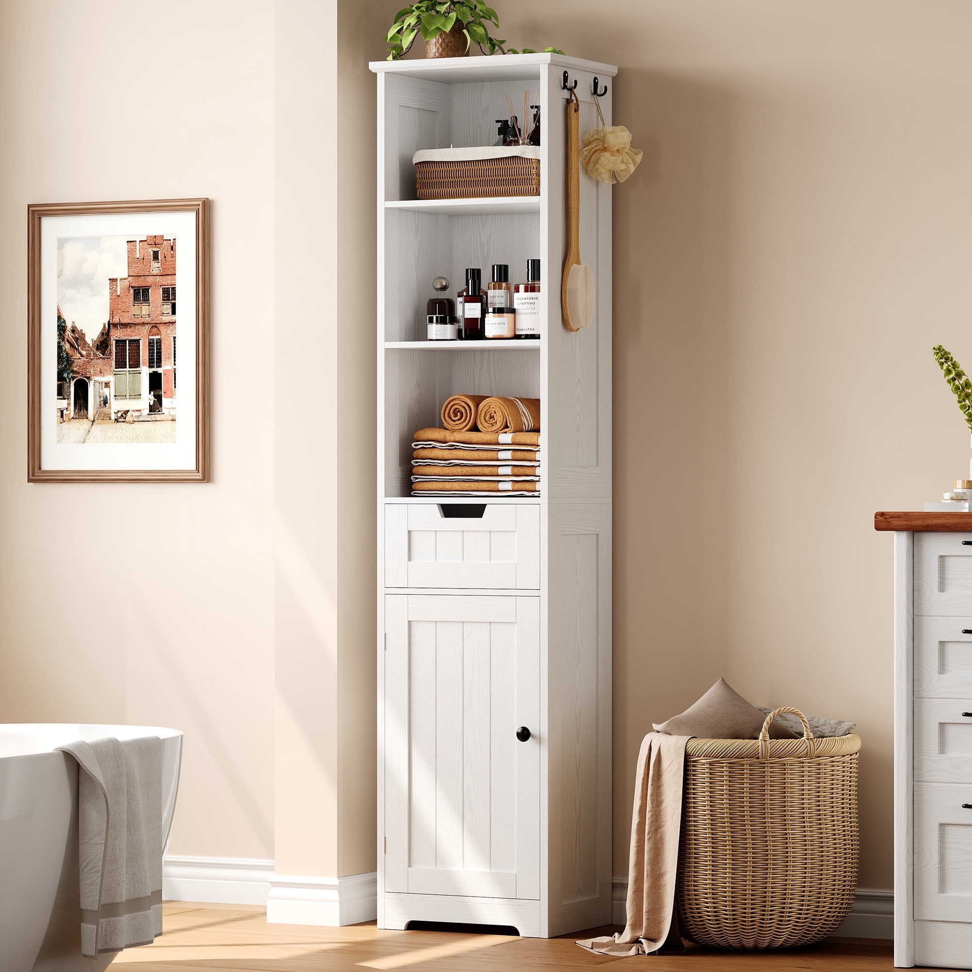 IRONCK Bathroom Storage Cabinet with Doors, Tall Shelves with Drawers, Wood Tower Cabinet with Adjustable Shelf, White