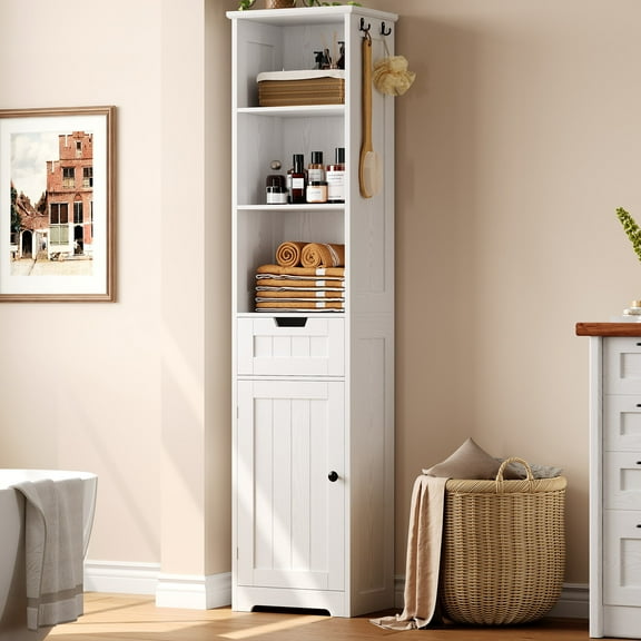 IRONCK Bathroom Storage Cabinet with Doors, Tall Shelves with Drawers, Wood Tower Cabinet with Adjustable Shelf, White