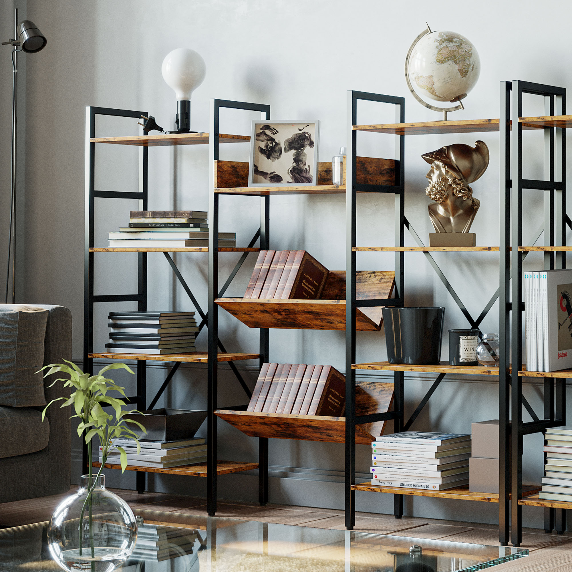 IRONCK Bookshelves 6 Tiers with Baffles Industrial Large Corner Etagere