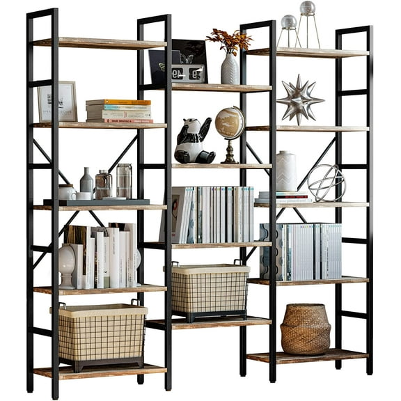 IRONCK Bookcases and Bookshelves Triple Wide 5 Tiers Bookshelf, Large Etagere Bookshelf Open Display Shelves with Metal Frame for Living Room Bedroom Home Office