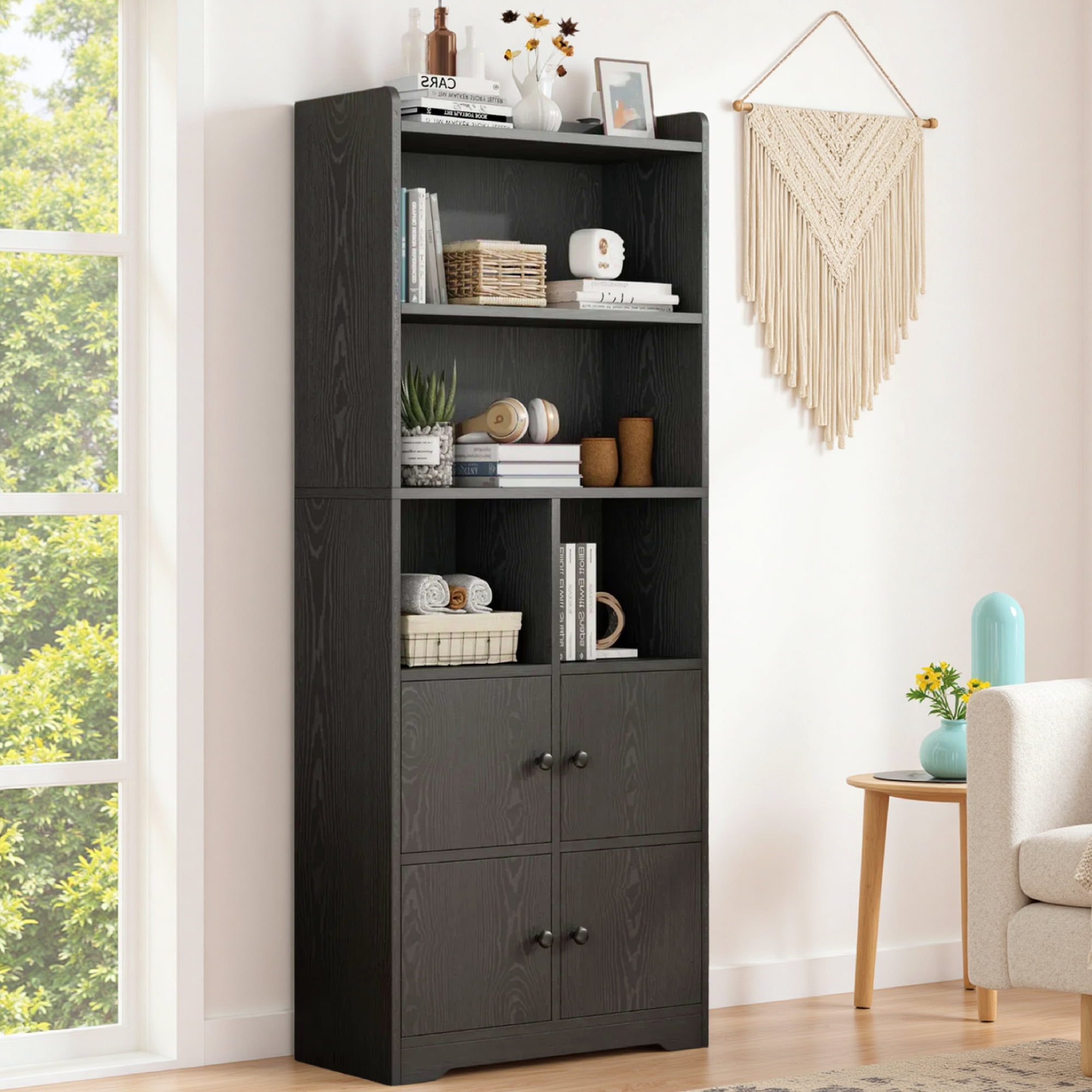 IRONCK 5-Tier Bookcases with Doors, 63" Tall Cube Storage Shelf, Freestanding Bookshelf for Home Office Living Room, Black