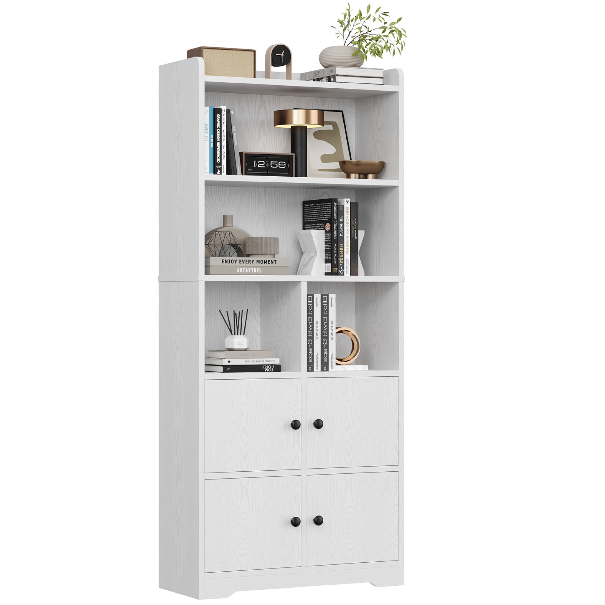 IRONCK 5-Tier Bookcases with Doors, 63" Tall Cube Storage Shelf, Freestanding Bookshelf for Home Office Living Room, White