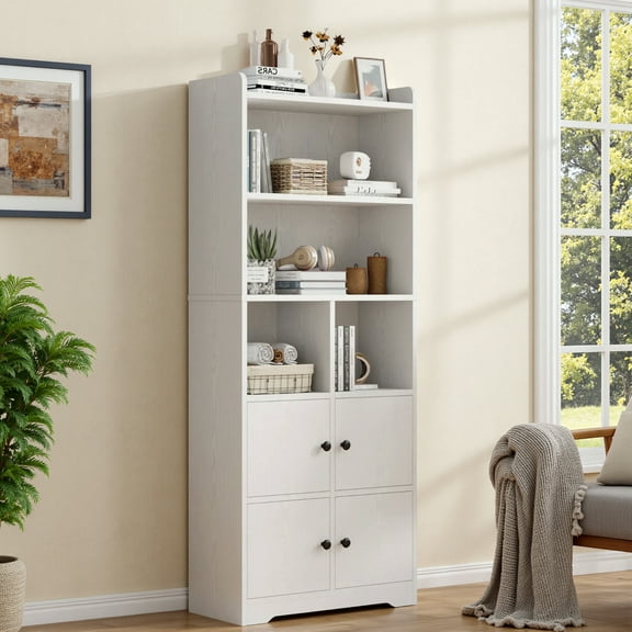 IRONCK 5-Tier Bookcases with Doors, 63" Tall Cube Storage Shelf, Freestanding Bookshelf for Home Office Living Room, White