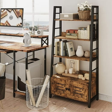 IRONCK Bookshelf with Louvered Doors, 3-Tier Ladder Shelf for Living Room Home Office