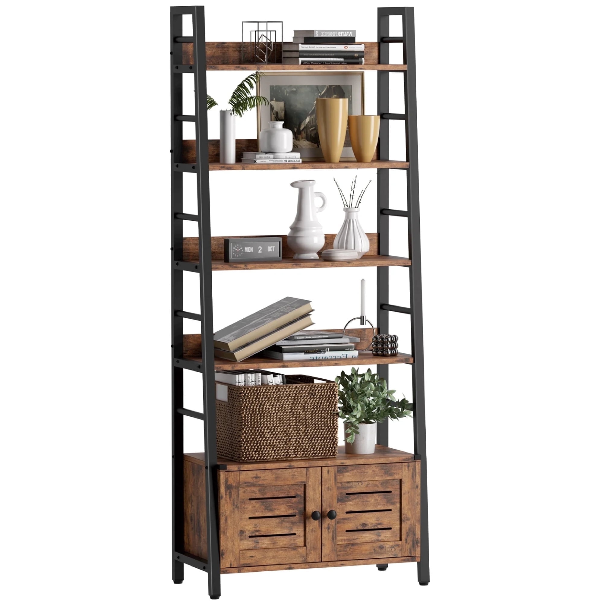 Rustic Brown 4-Tier Ladder Bookshelf with Louvered Doors