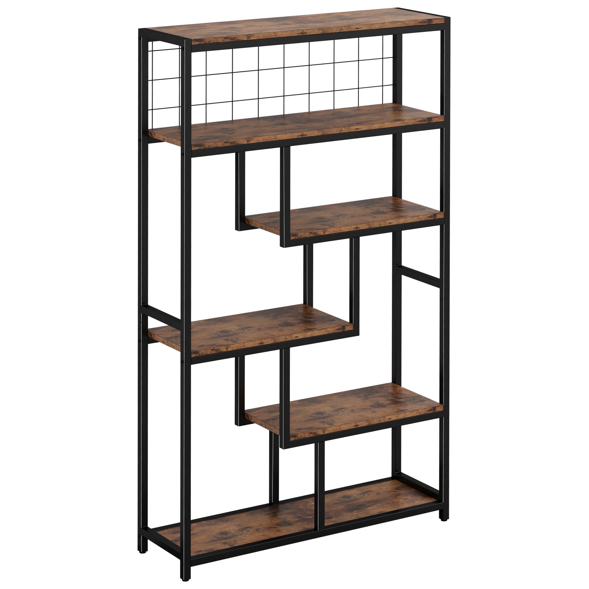 Vintage Brown 6-Tier Geometric Industrial Bookcase with Open Back