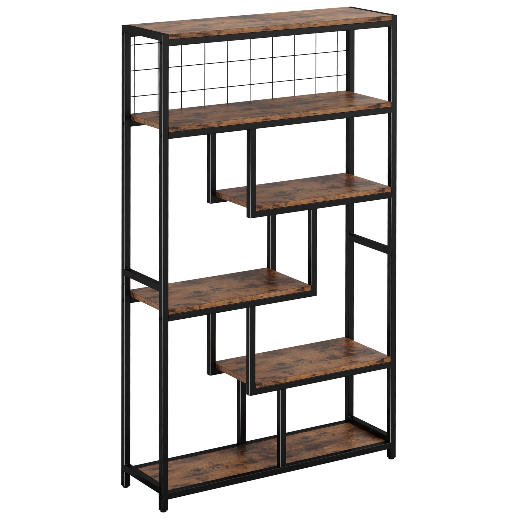 Vintage Brown 6-Tier Geometric Industrial Bookcase with Open Back