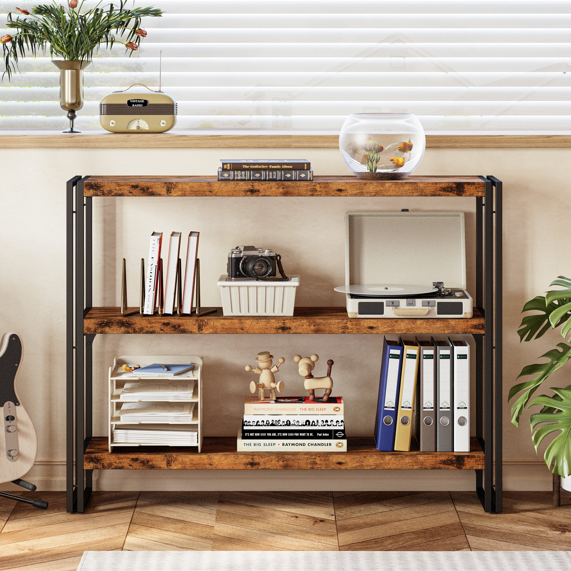 IRONCK Industrial Bookshelves with Metal Frame, 3 Shelf Wooden Bookcase