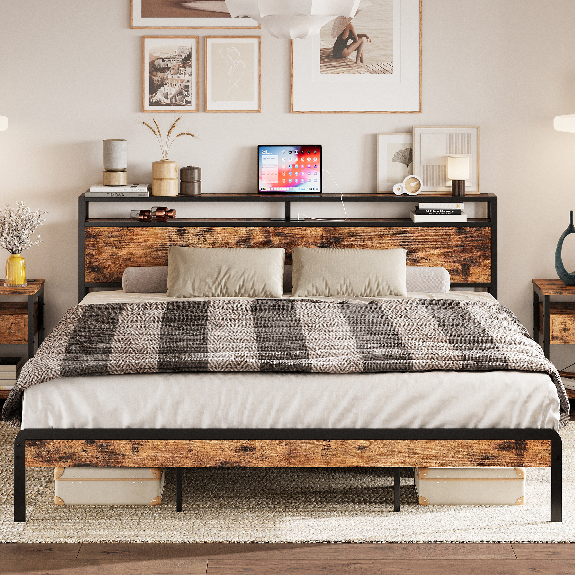 IRONCK California King Bed Frames with Storage Headboard and Charging Station, Heavy Duty Metal