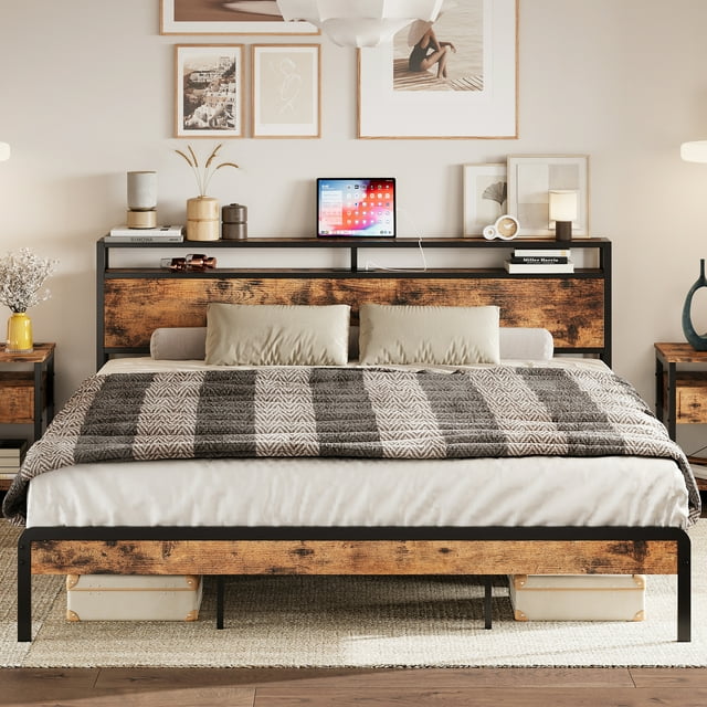 IRONCK California King Bed Frames with Storage Headboard and Charging