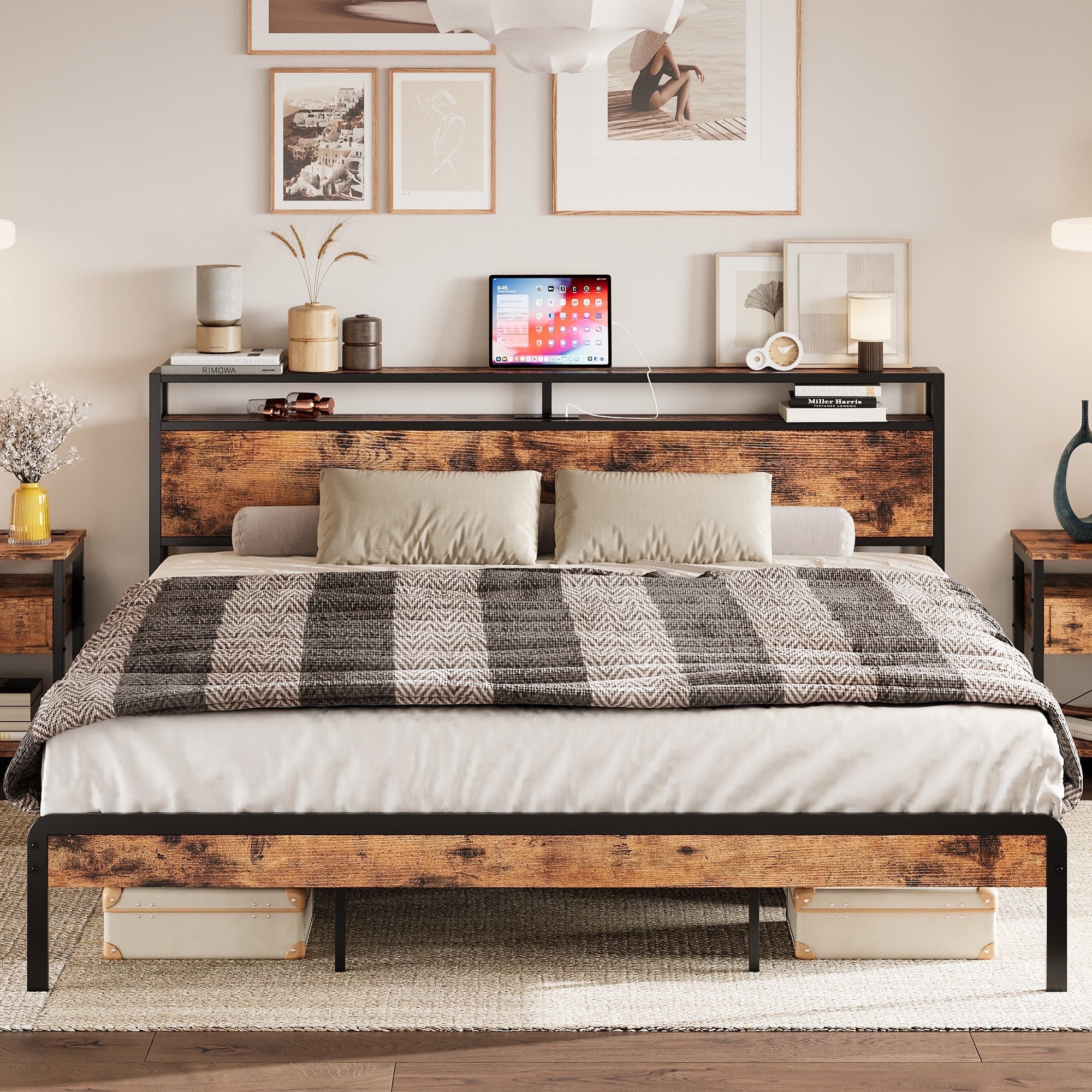 California King Vintage Brown Metal Frame Bed with Storage Headboard