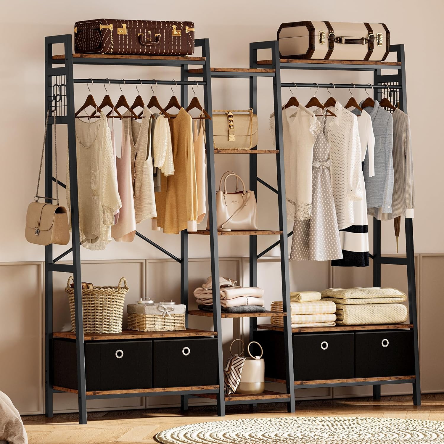 Vintage Brown Heavy Duty Garment Rack with Shelves and Drawers