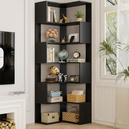 IRONCK Corner Bookcase, Modern 6 Tier Corner Bookshelf, Freestanding L Shaped Open Storage Display for Office Living Room, Black