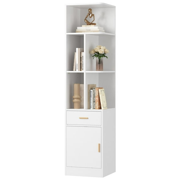 IRONCK 72.8" Tall Corner Bookcase with Drawer and Adjustable Shelves, Narrow Bookshelf with Door Cabinet
