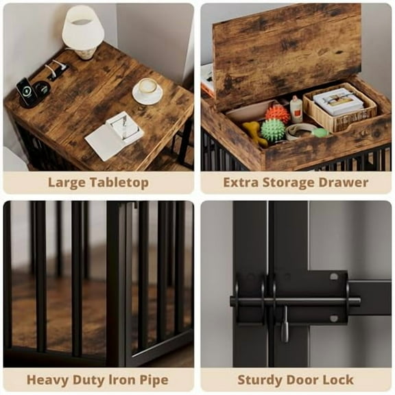 IRONCK Dog Crate Furniture for Small Dogs, Wooden Dog Kennel with Flip Top Drawer, Indoor Pet Crate End Table with Charging Station, Steel-Tube Dog Cage, Rustic