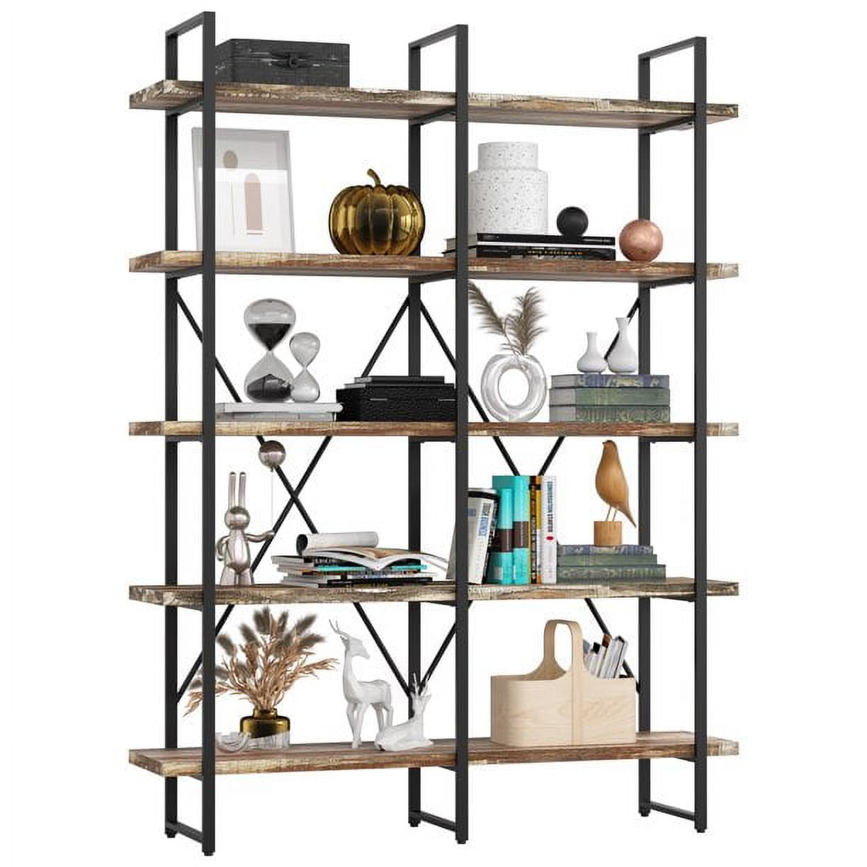 Vintage Brown Industrial 5-Tier Adjustable Bookshelf with Metal Frame