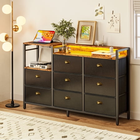 IRONCK Dresser with 8 Fabric Drawer, LED Lights and Power Outlets, All Age, Steel Frame Structure, Vintage Brown Black