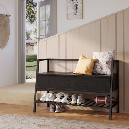 IRONCK Entryway Shoe Bench with Storage, 35.4inch Shoe Organizer Rack with Lift Top Box, Black