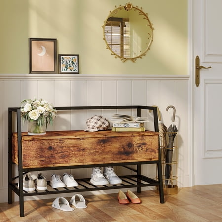 IRONCK Shoe Bench, Flip-Top Shoe Storage Bench, Wood Shoe Rack for Entryway, Bedroom, Living Room, Hallway (Brown, 35.4?W)